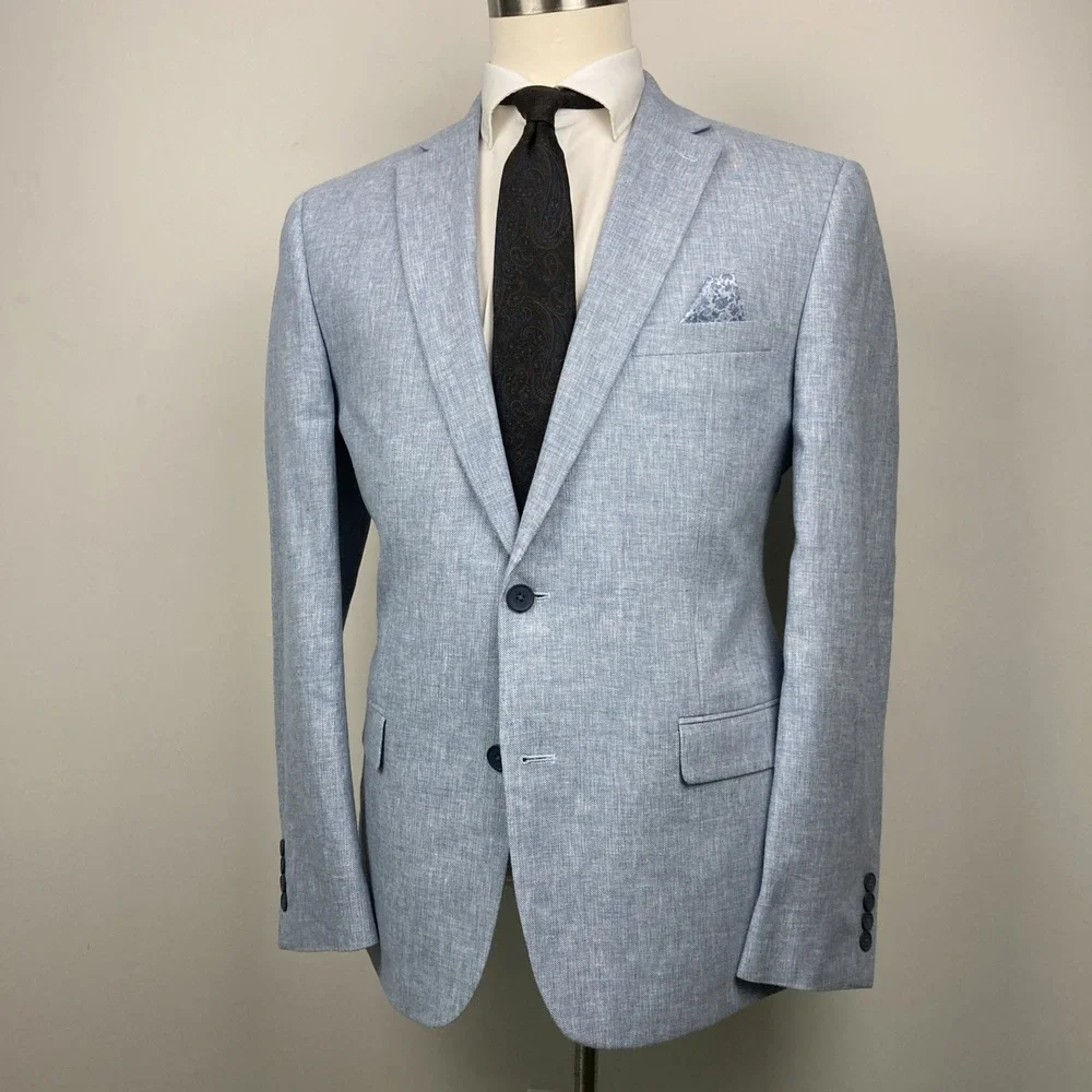 Bar III Men's Slim Fit 2 Piece Suit Jacket 44R Pant 36W 30L Blue Linen Cotton
